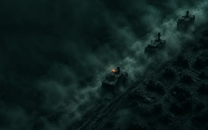 A convoy of three vehicles following each other through heavy dust.