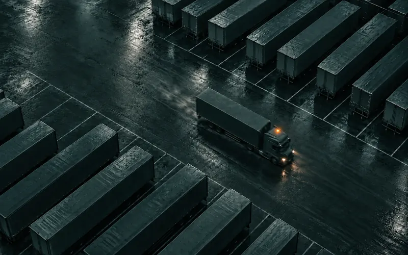 A tractor unit moving through a Class 8 truck yard, ranging off the parked fleet on either side.