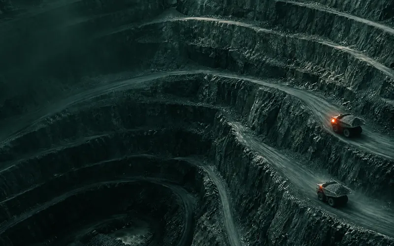 Two autonomous haul trucks on separate benches of an open-pit copper mine, each holding position on the same mesh.