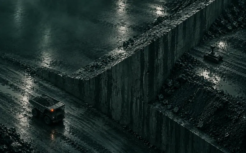 A haul truck and a tracked robot on opposite sides of a solid wall, with no line of sight between them, still measuring the distance between them through it.